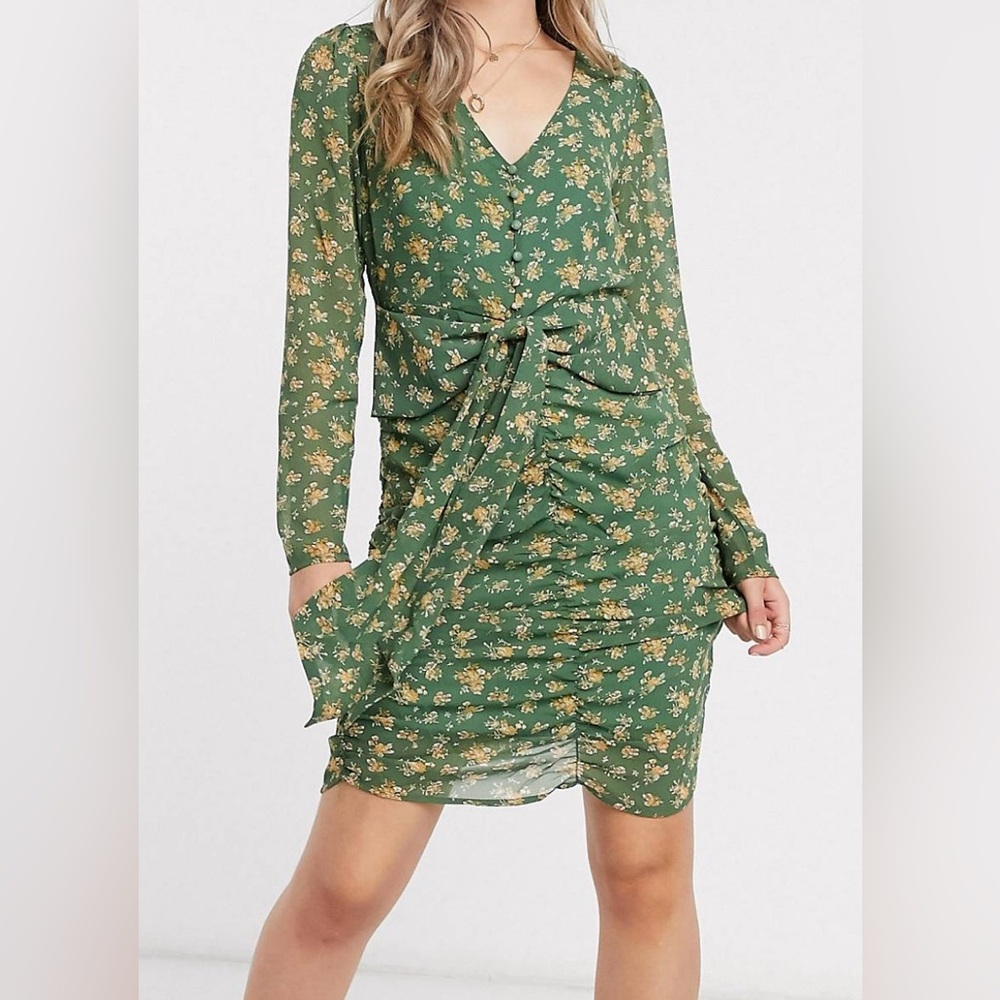Vila chiffon mini dress with ruched front in green floral